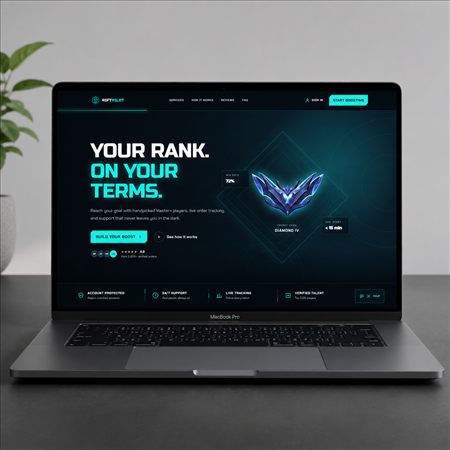 RiftPilot gaming rank boosting landing page shown on a laptop